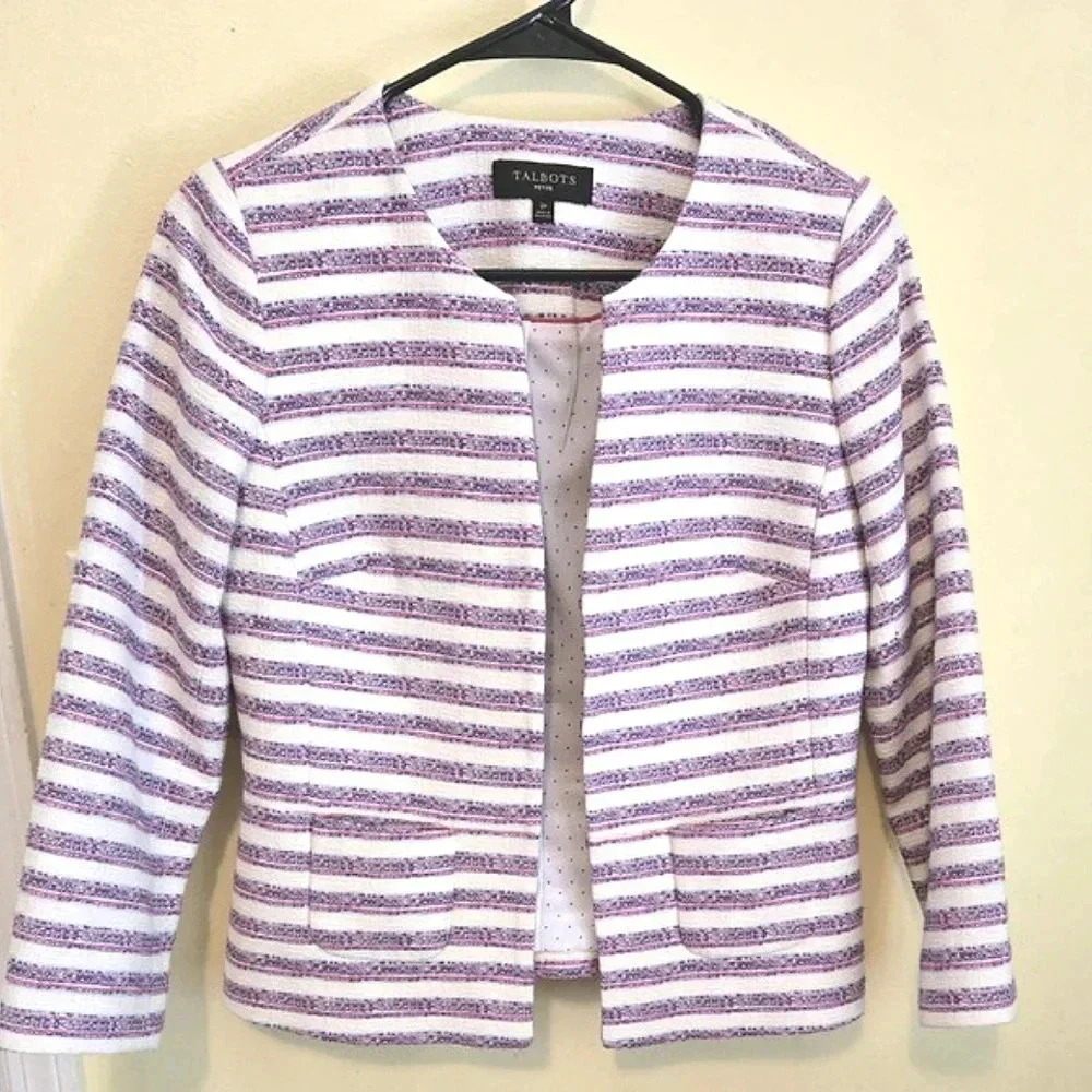 Talbots Palazzo Stripe Blazer Purple Pink White Peplum business casual Size 2P - Picture 1 of 4